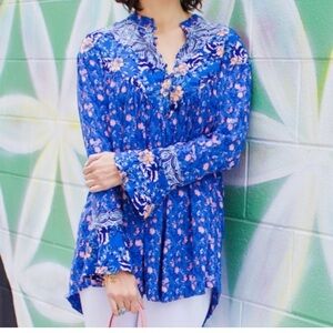 Free People Wild Flower Fields Bohemian Blouse / Tunic Long Sleeve Button Front